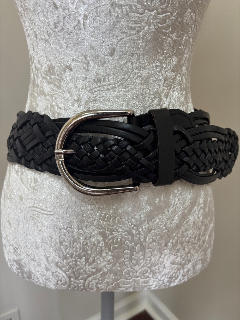 MICHAEL KORS Black Braided Leather Belt with Silver Buckle